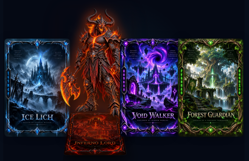 3D Hover Monster Cards with fantasy characters emerging from themed cards