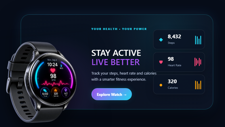 3D Smartwatch Fitness Dashboard Reveal Card with animated health and activity statistics