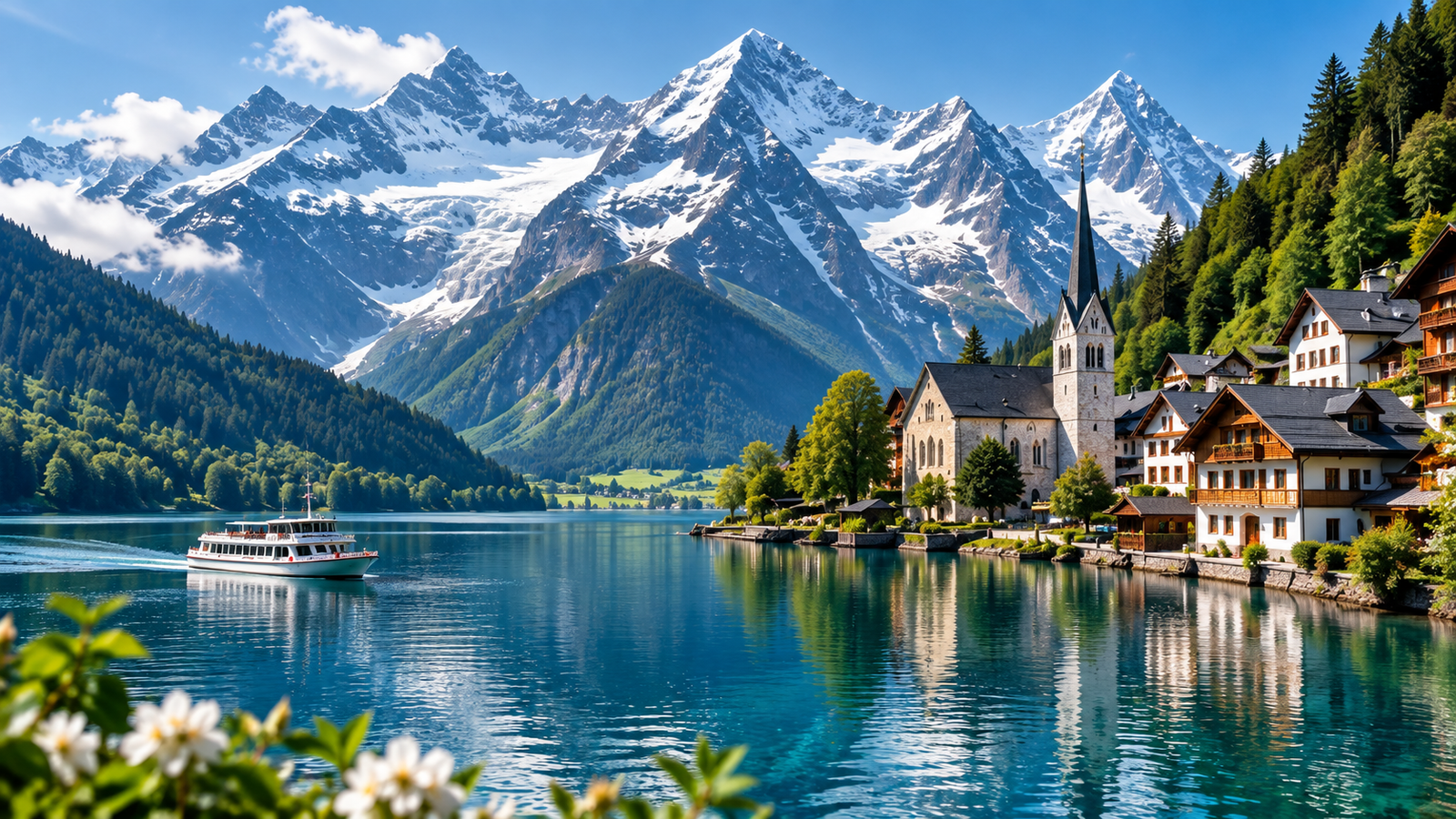 Swiss Alps mountain village beside a clear blue lake