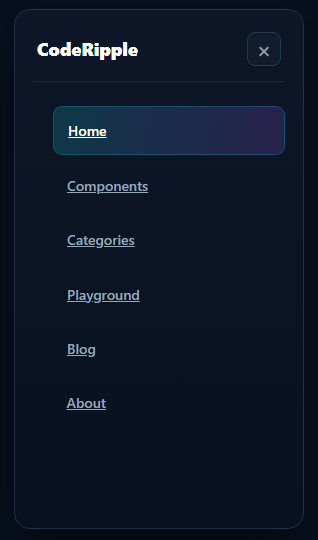 Animated Fly-In Navigation Menu with staggered navigation links on a dark interface
