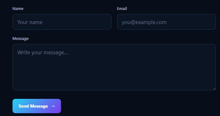 Contact Form with name, email, message fields and gradient send button