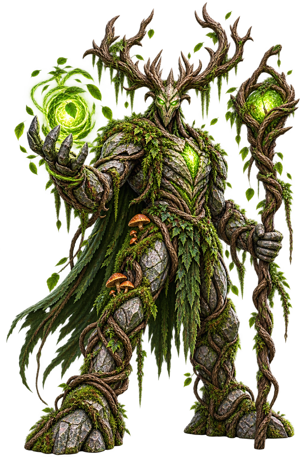 Emerald stonewood forest guardian with glowing nature staff