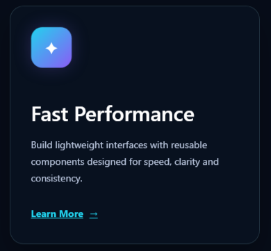 Feature Card with gradient icon, Fast Performance heading, description, and animated Learn More arrow