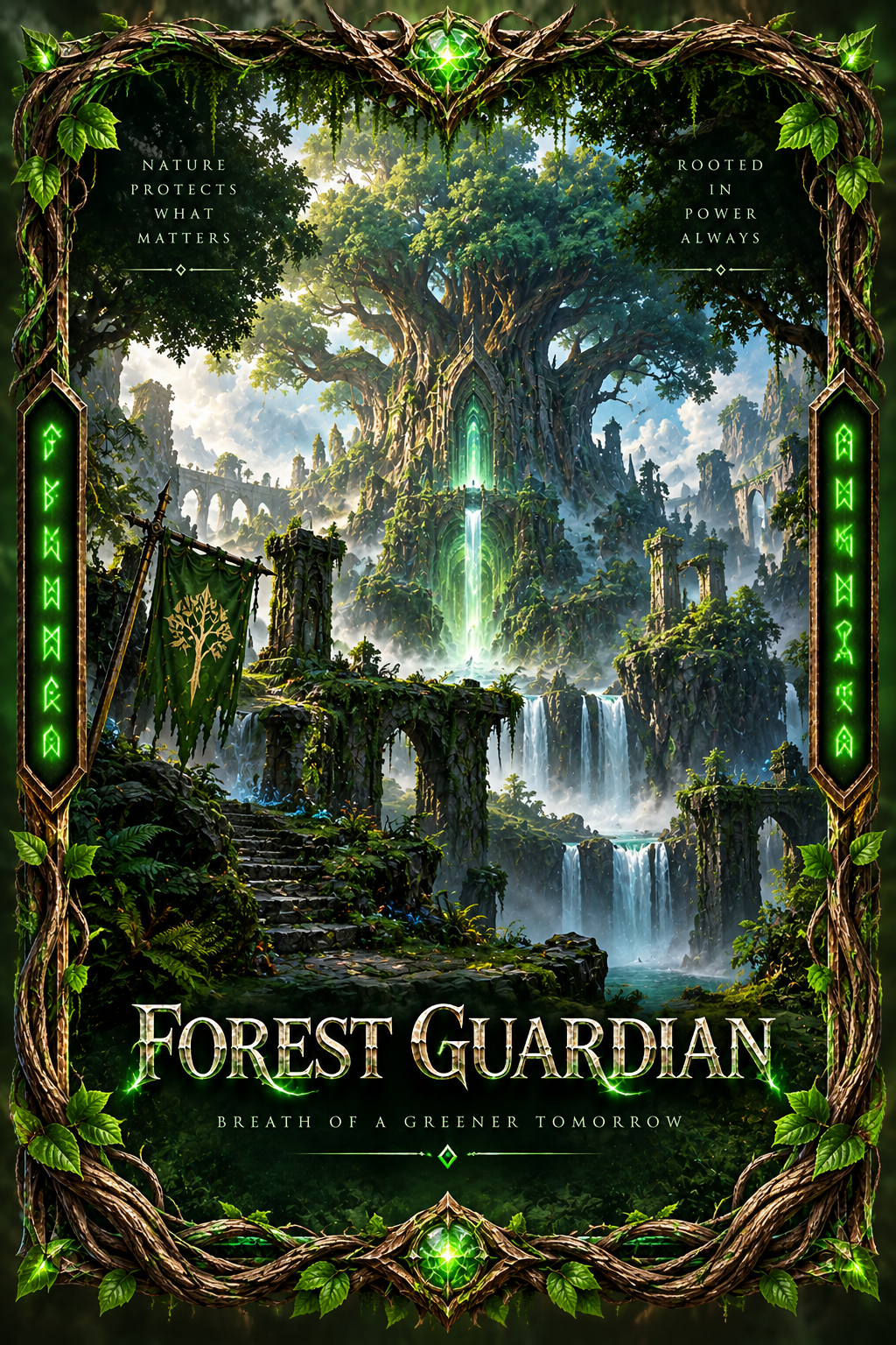 Forest Guardian fantasy card with ancient tree sanctuary and glowing green runes