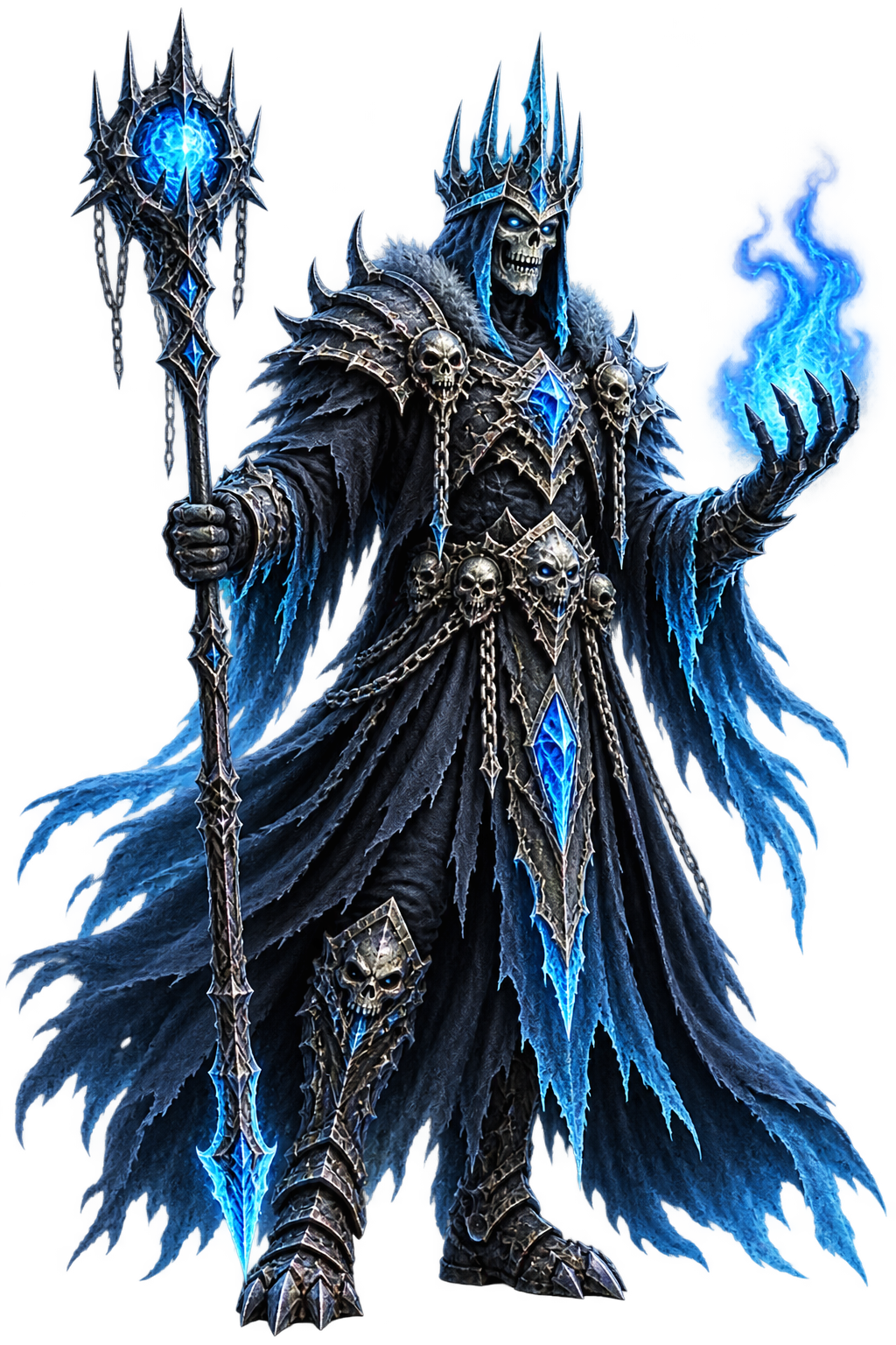 Frostbound Lich King fantasy character with glowing ice staff