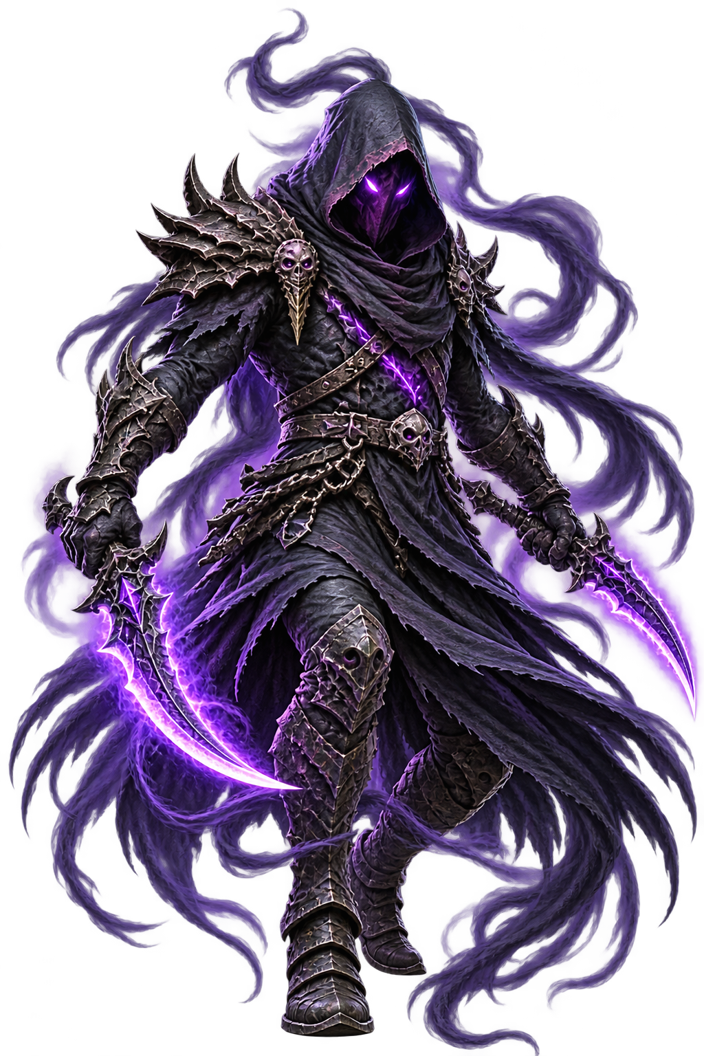 Hooded void necromancer with glowing purple blades