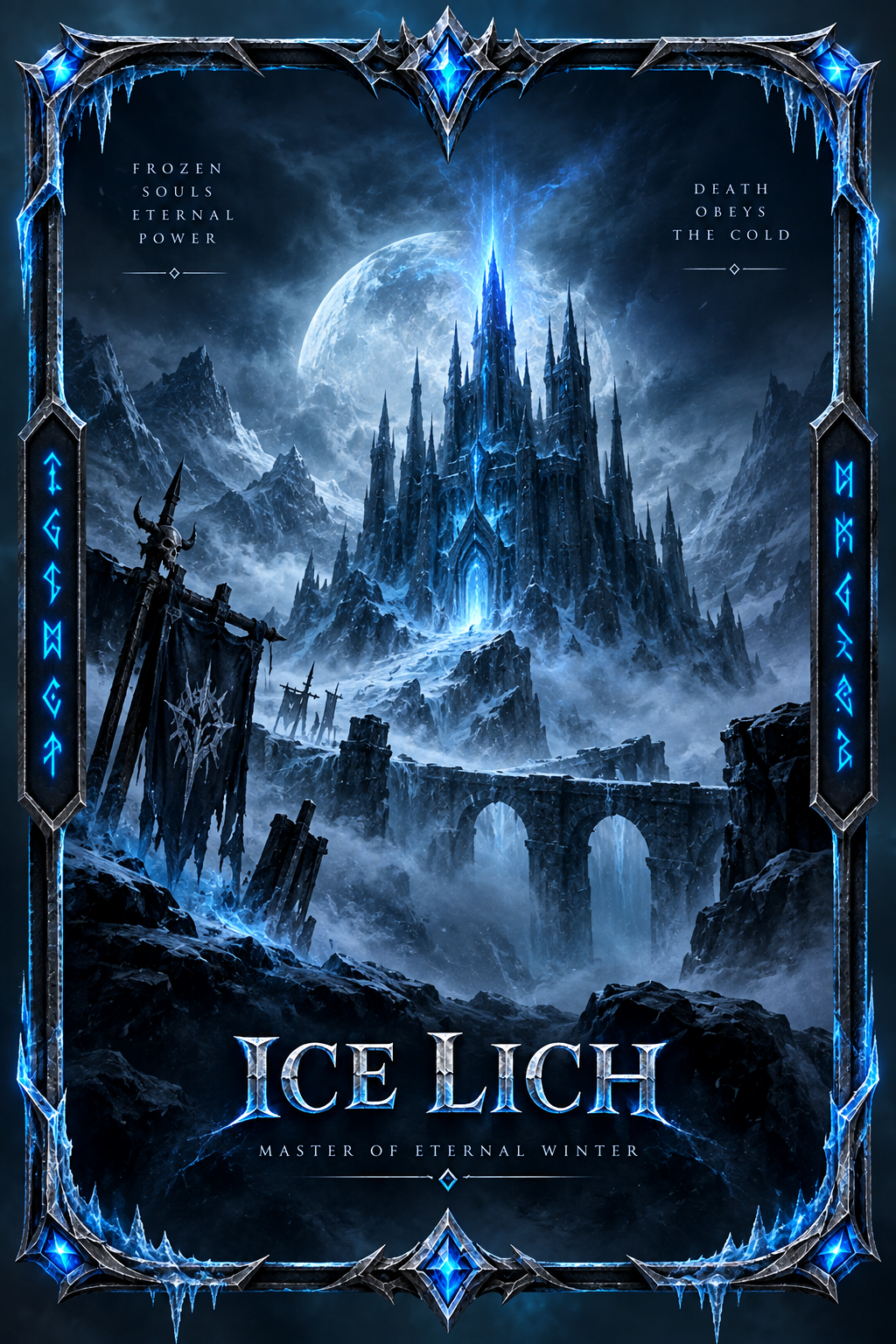 Ice Lich fantasy card with frozen castle and glowing blue runes
