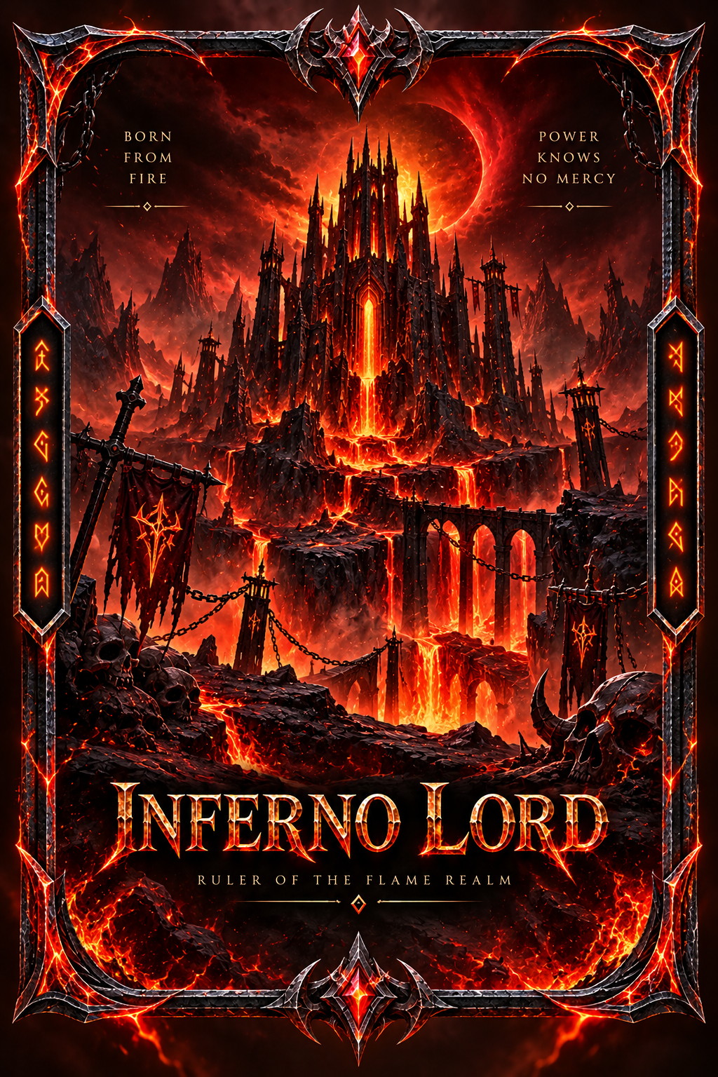 Inferno Lord fantasy card with fiery citadel and lava landscape