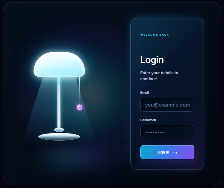 Interactive Lamp Login Reveal Form with illuminated lamp and login panel