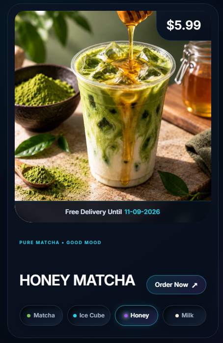 Interactive Matcha Product Switcher Card with selectable drink variations