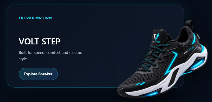Interactive Sneaker Product Reveal Card with Volt Step sneaker sliding out from an expanded dark product panel