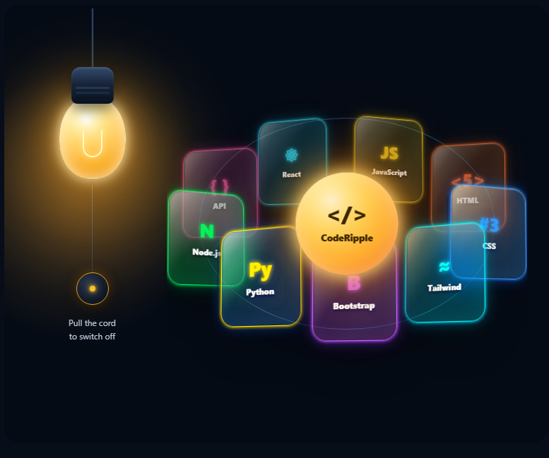 Interactive Tech Orbit with Light Switch showing illuminated technology cards around a central CodeRipple sun