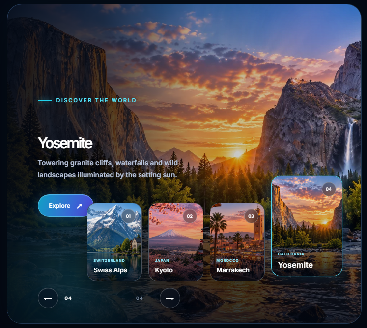 Interactive Travel Destination Slider with selectable destination cards and large scenic background