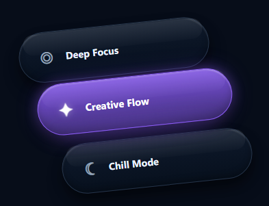 Liquid Glass Focus Mode Buttons with cyan, purple, and pink selected states