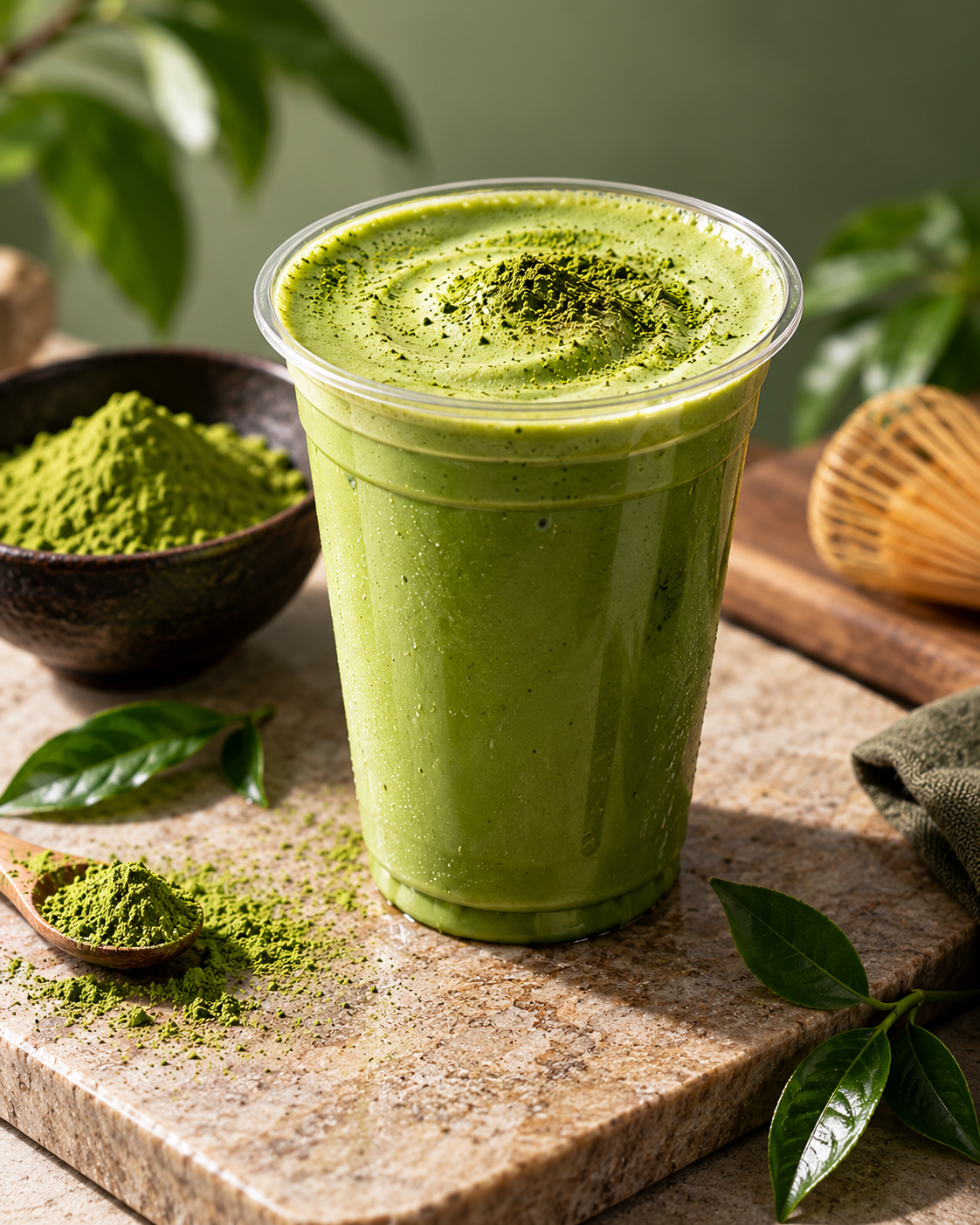 Fresh pure matcha drink with matcha powder and tea leaves