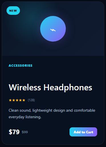 Dark Product Card with wireless headphones details, pricing, rating, and Add to Cart button