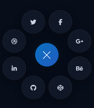 Radial Social Media Menu with eight circular social icons around a central menu button