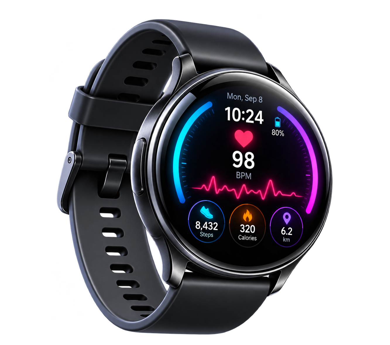 Futuristic smartwatch displaying heart rate and fitness stats