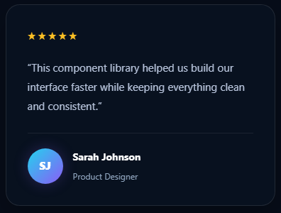 Dark Testimonial Card with five-star rating, customer quote, and user avatar