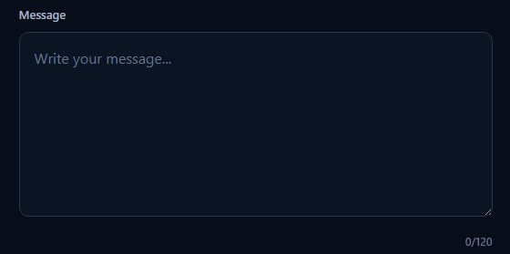 Textarea with Character Counter showing a message field and 120-character limit