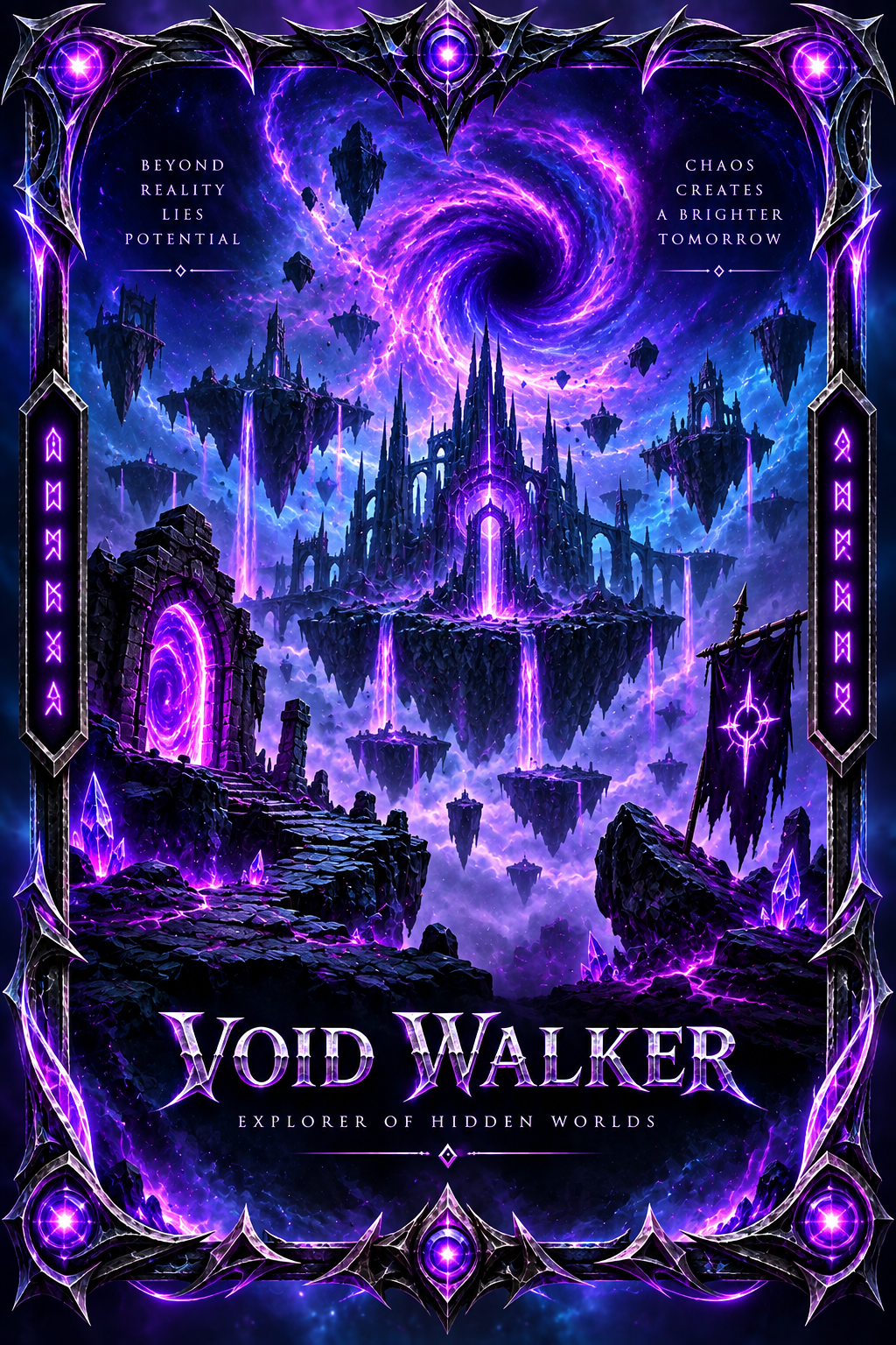 Void Walker fantasy card with purple vortex and floating dark realm